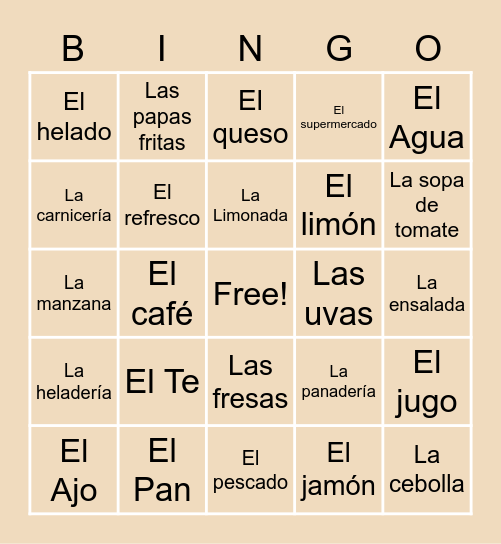 Spanish vocab Bingo Card