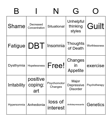 Depression Bingo Card