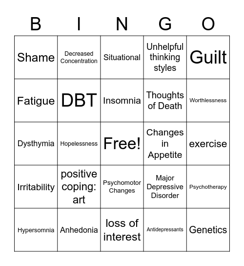 Depression Bingo Card