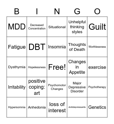 Depression Bingo Card