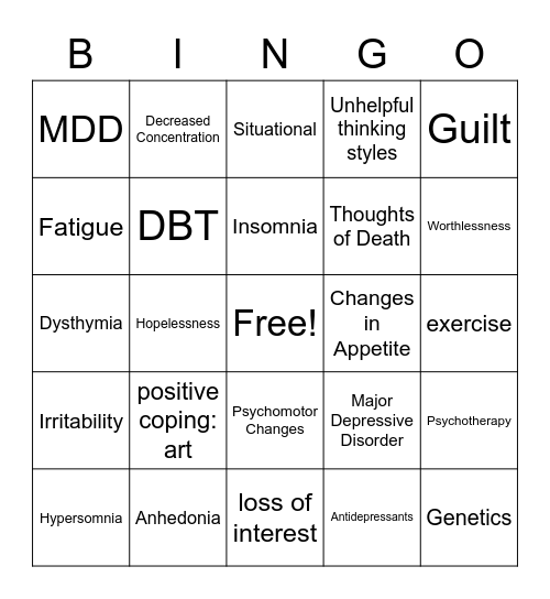 Depression Bingo Card