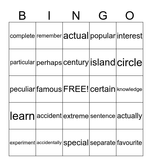 Year 3 and Year 4 words (accident to special) Bingo Card