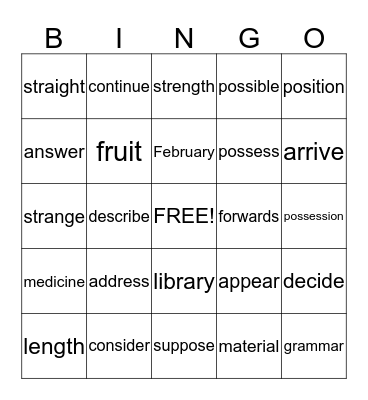 Year 3 and 4 words set two Bingo Card