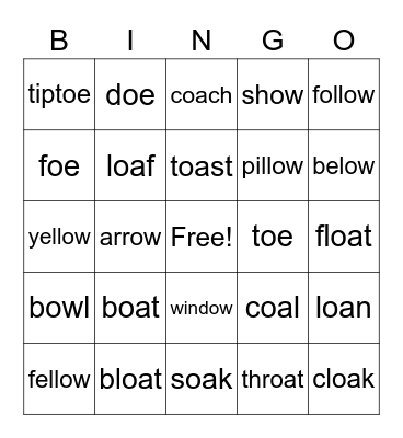 Long O Bingo Card