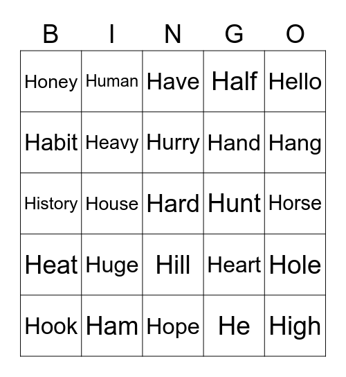 H Bingo Card