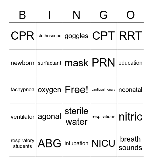 Respiratory Care Week Bingo Card