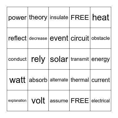 Unit 2 Vocab Bingo Card