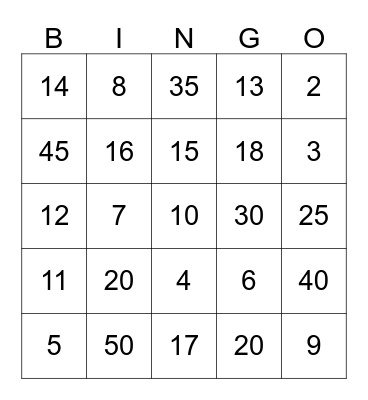 Maths number facts Bingo Card