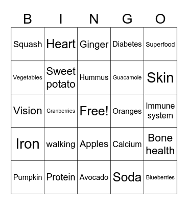 Nutrition Bingo Card