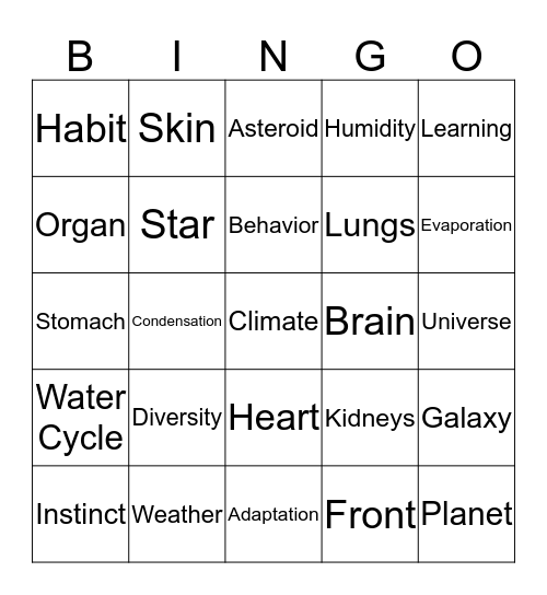 Life/Earth science Bingo Card