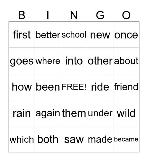 Word Wall Bingo Card