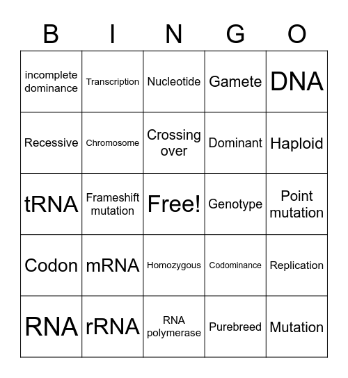 Genetics DNA Bingo Card