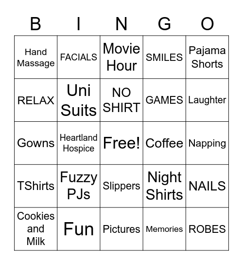 Pajama Day Bingo Card