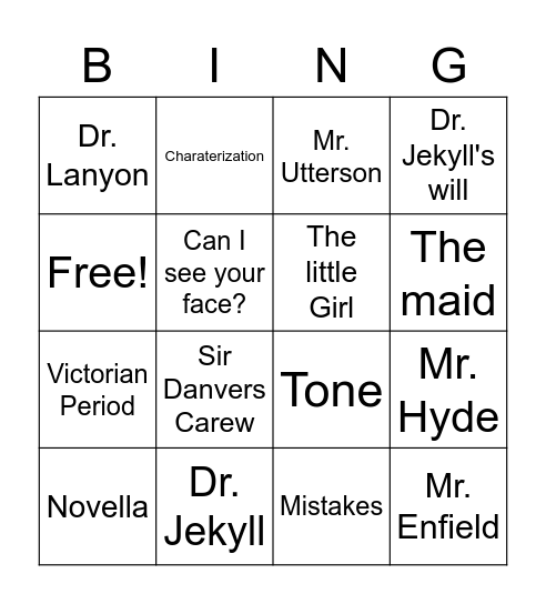 Dr. Jekyll and Mr. Hyde Bingo Card