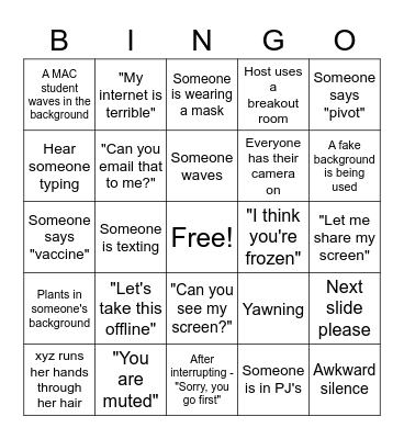 Staff Meeting Bingo Card Bingo Card