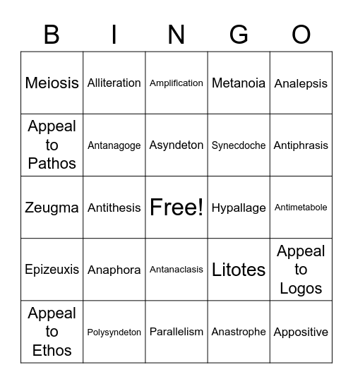 Rhetorical Devices Bingo Card