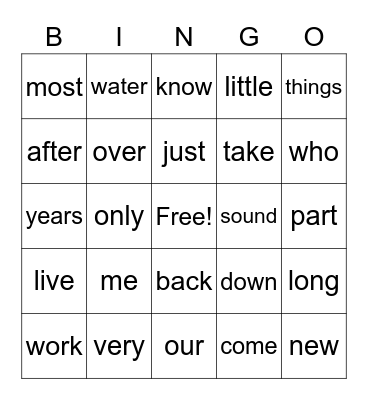2nd Grade Sight Words LIST 1 Bingo Card