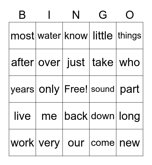 2nd Grade Sight Words LIST 1 Bingo Card