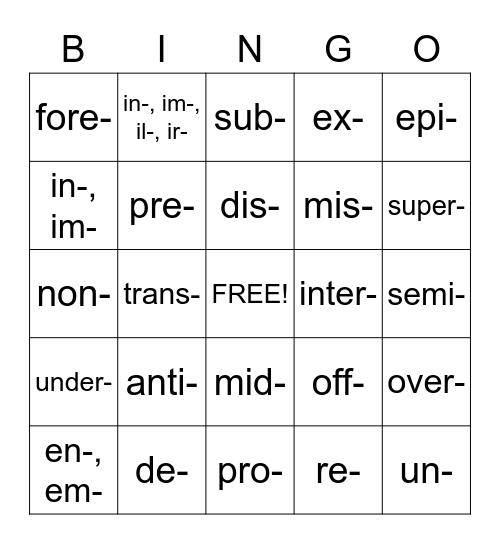Prefixes Bingo Card