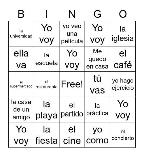 ¿Adónde vas? Bingo Card