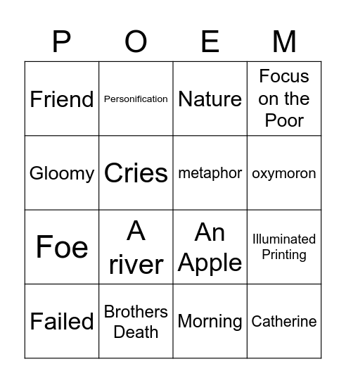 William Blake Bingo Card