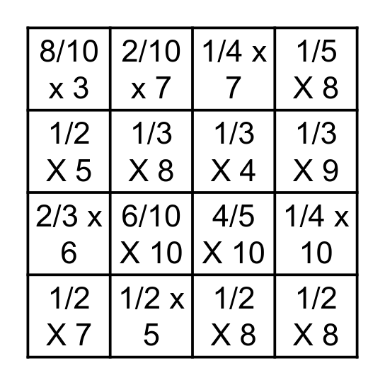 Multiplying Whole Number to Fraction Bingo Card