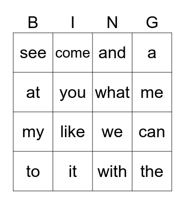 Kindergarten Sight Words Bingo Card