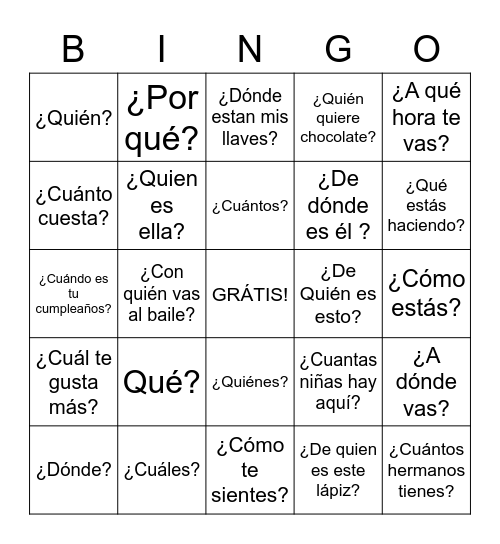 Question Words Bingo Card