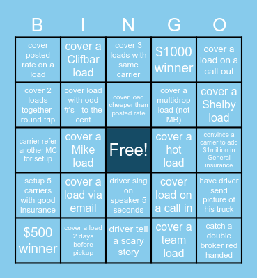 Carrier Sales Bingo Card