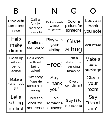 Acts of Kindness Bingo Card