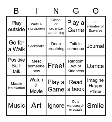 Coping Skills Bingo Card