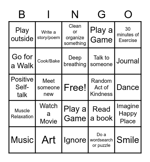 Coping Skills Bingo Card