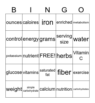 Nutrition Bingo Card