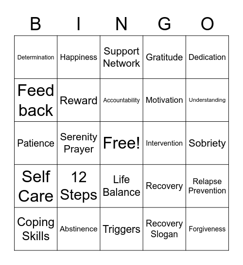 Recovery Bingo Card