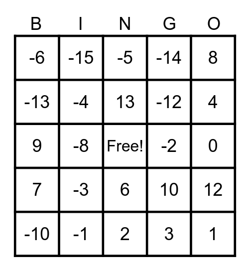 Integers Bingo Card