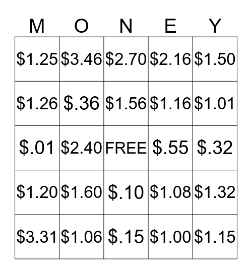 COUNTING MONEY Bingo Card