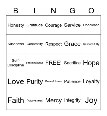 VIRTUES Bingo Card