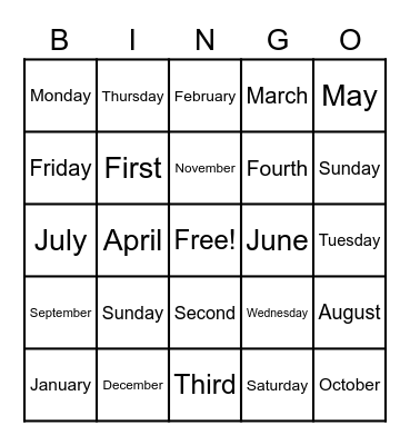 Ordinal Numbers, Days, Months Bingo Card