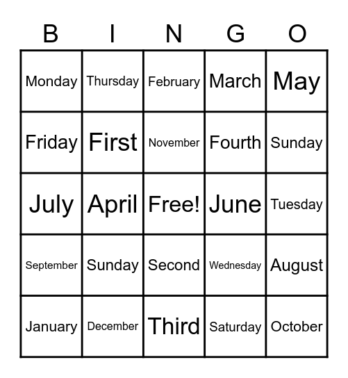 Ordinal Numbers, Days, Months Bingo Card