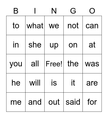 sight words Bingo Card