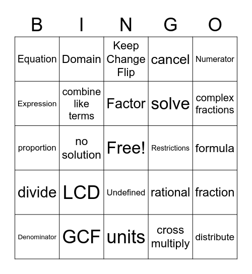 MAT1033 Mod 8 Rational Equations Bingo Card