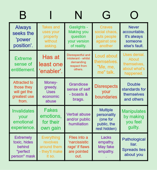 Play Narcissistic Bingo! Bingo Card