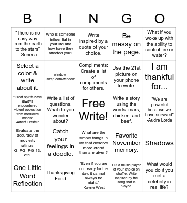 November Notebook Bingo Card
