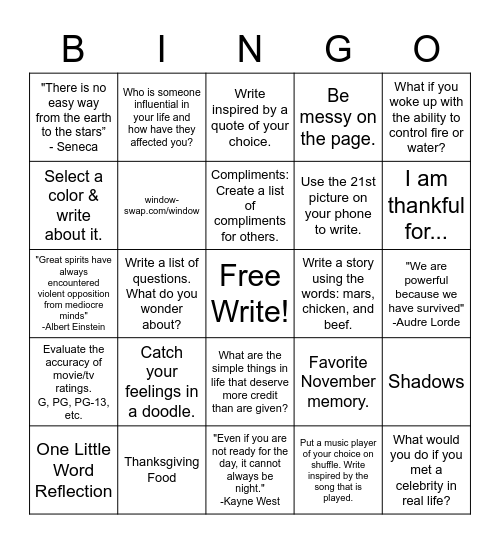 November Notebook Bingo Card