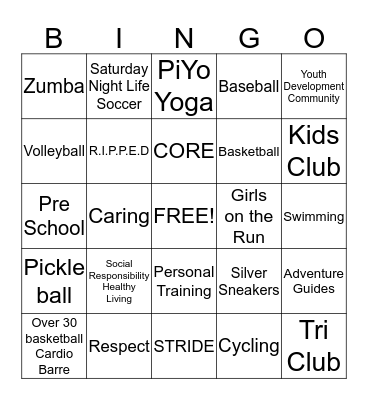 Carls Family YMCA Bingo Card