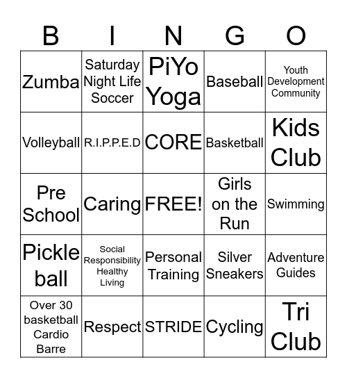 Carls Family YMCA Bingo Card