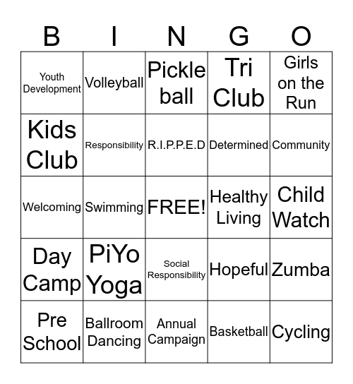 Carls Family YMCA Bingo Card