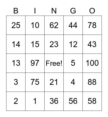 Number Bingo Card