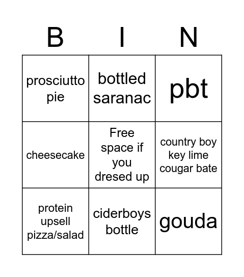 Pies and pints Bingo Card