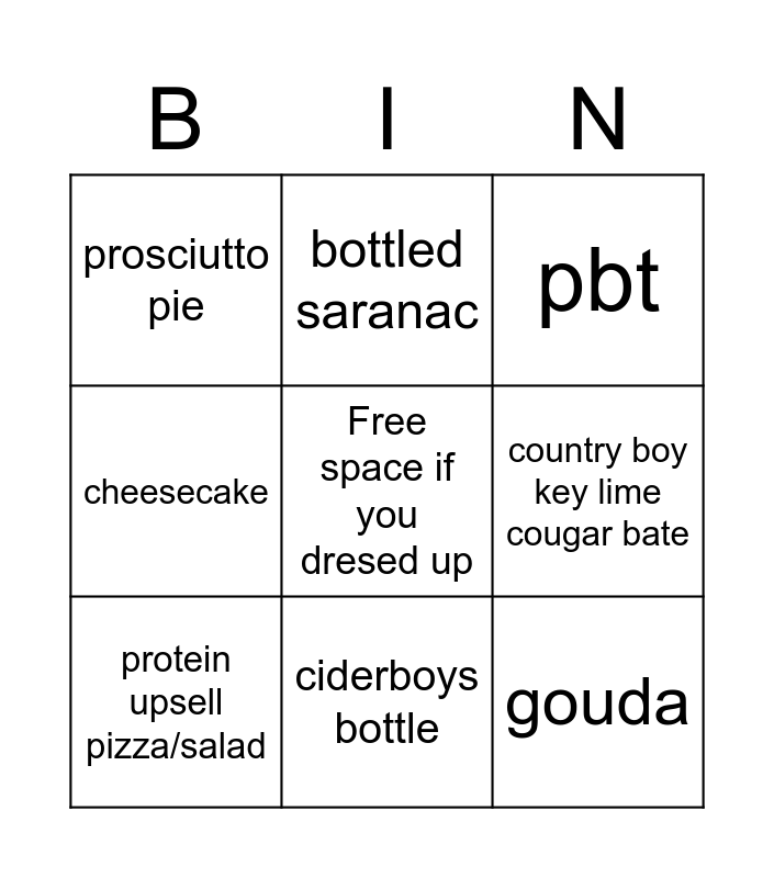 Pies and pints Bingo Card